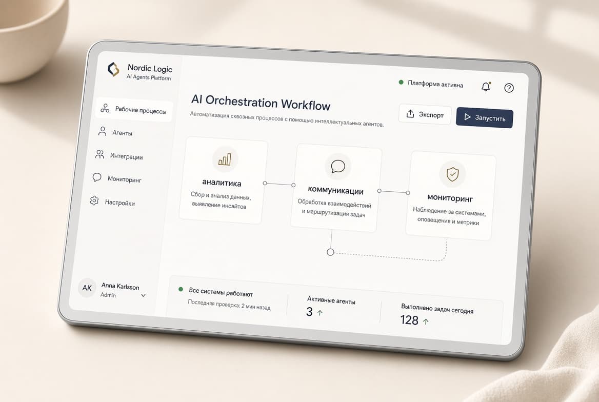 Платформа AI-агентов: цепочка рабочего процесса из агентов аналитики, коммуникаций и мониторинга