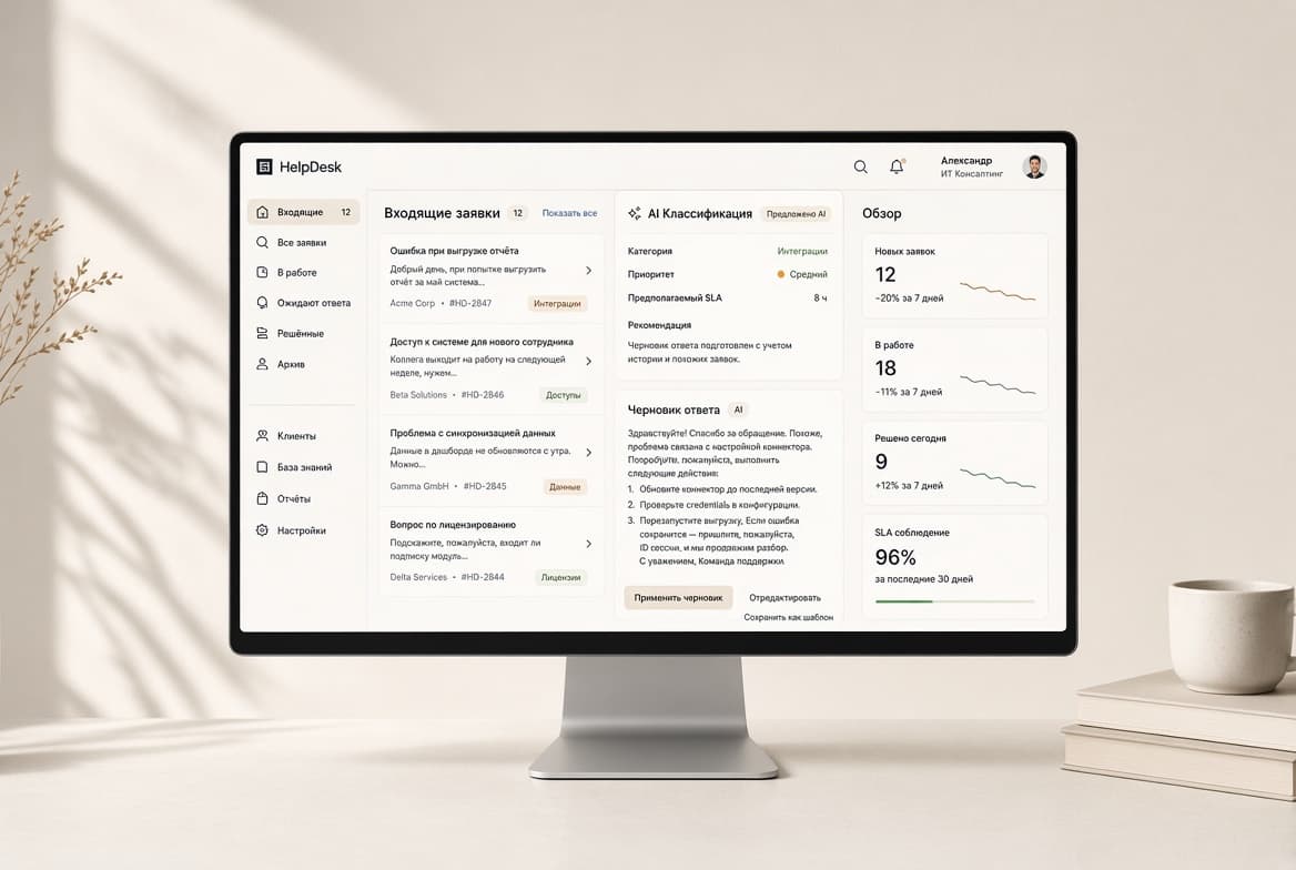 Рабочее место оператора HelpDesk: входящие заявки, AI-классификация с черновиком ответа и сводка по SLA